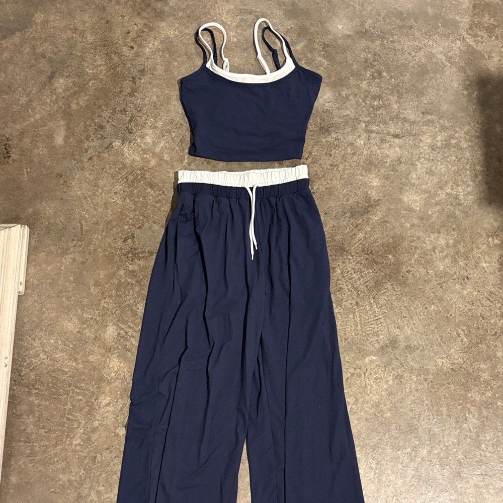 Women’s Navy Wide-Leg Pants with White Trim - Two Piece Set